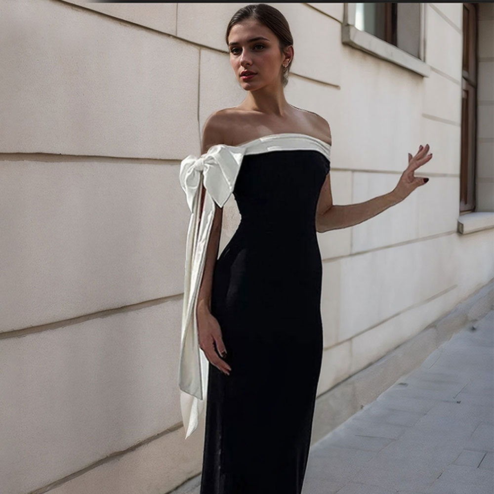 Robe Maxi Femme avec un design chic à épaules nues et un accent élégant en nœud Levoire