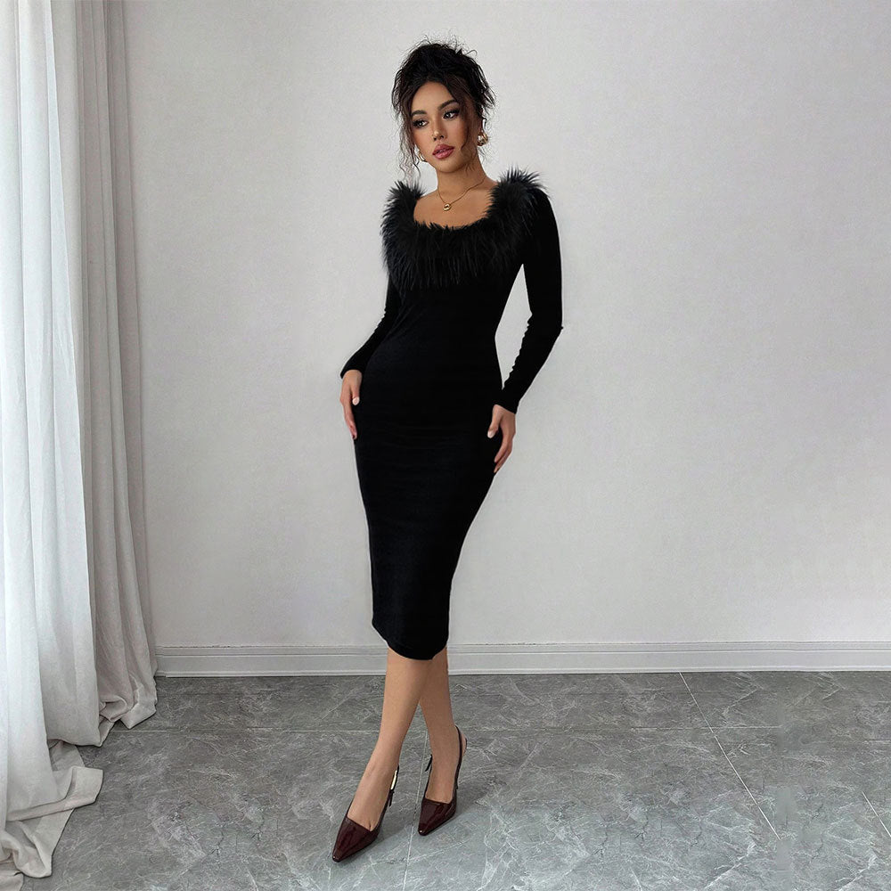 Robe midi pour femme avec décoration en plumes élégante et fente sur le côté Levoire