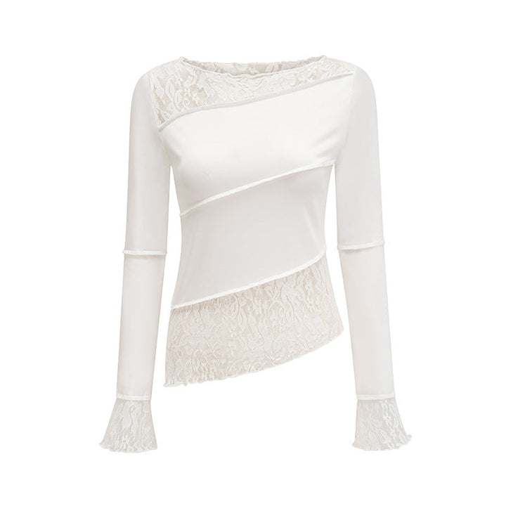 Levoire | T-shirt longue à manches longues en dentelle Slim Fit délicate Éléphant blanc ivoire