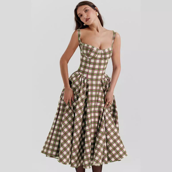 Robe midi décontractée pour femme avec un design à carreaux et décolleté profond Levoire