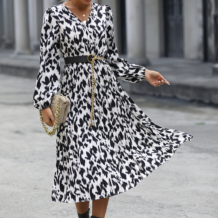 Robe Midi Femme avec Décolleté en V Élégant et Manches Volumineuses Levoire
