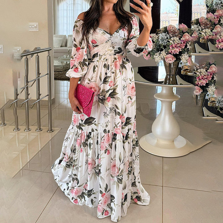 Robe maxi florale pour femmes avec design décolleté et ourlet à volants Levoire