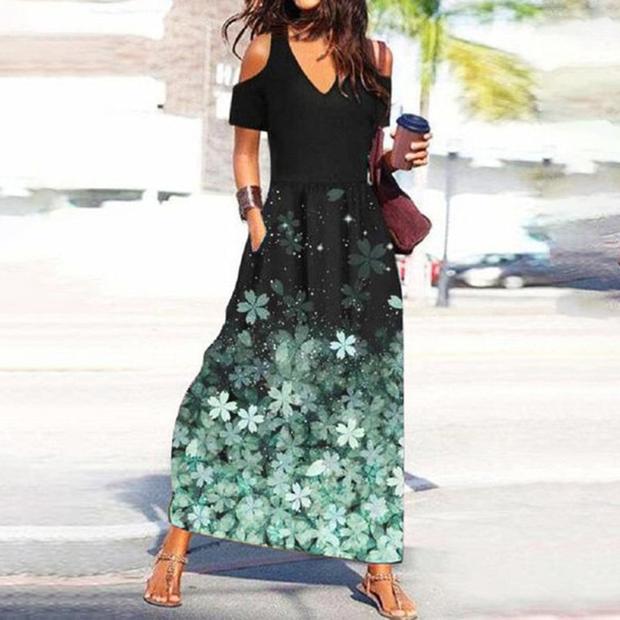 Levoire | Chic Floral Print V-Haul Off-Shoulder Robe