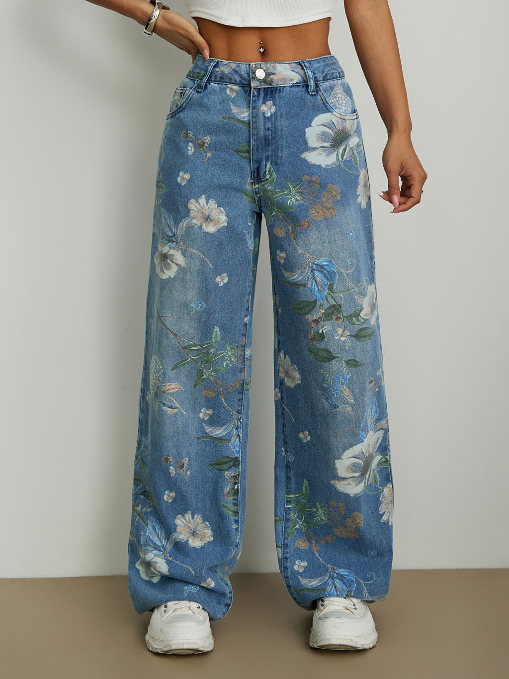 Jeans larges pour femmes avec design floral et taille haute Levoire