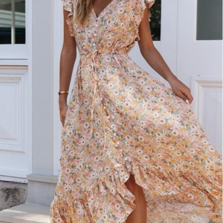 Robe maxi femme avec un délicat imprimé floral et des détails en volants Levoire