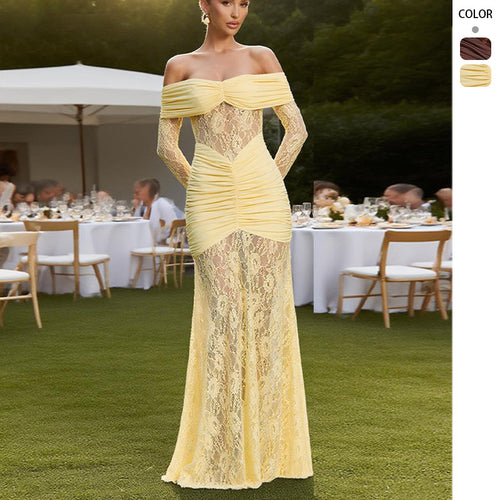 Robe maxi en dentelle élégante pour femmes avec des détails de volants raffinés et des bretelles dénudées Levoire