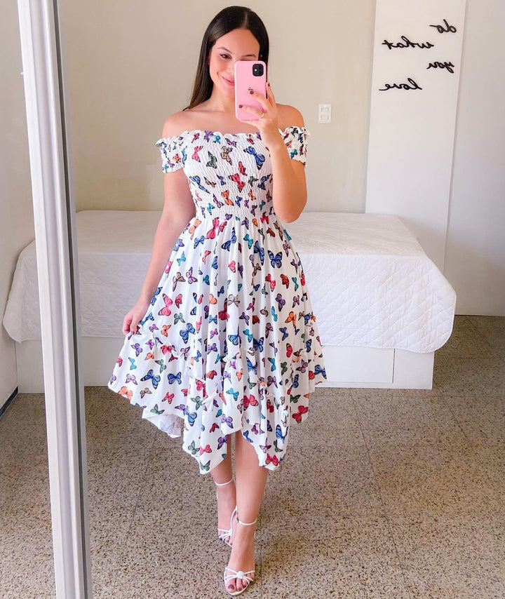 Levoire | Robe mi-longue sans manches élégante avec imprimé Papillon blanc