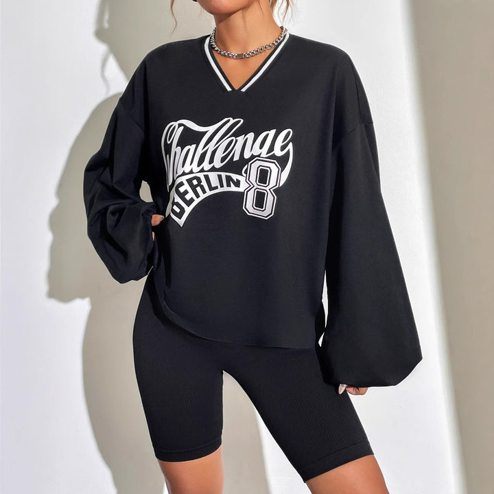 Sweat-shirt décontracté oversize pour femmes avec décolleté en V et imprimé graphique Levoire