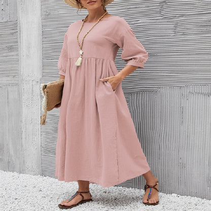 Levoire | Chic Robe Ample Unie à Manches Bouffantes Rosa
