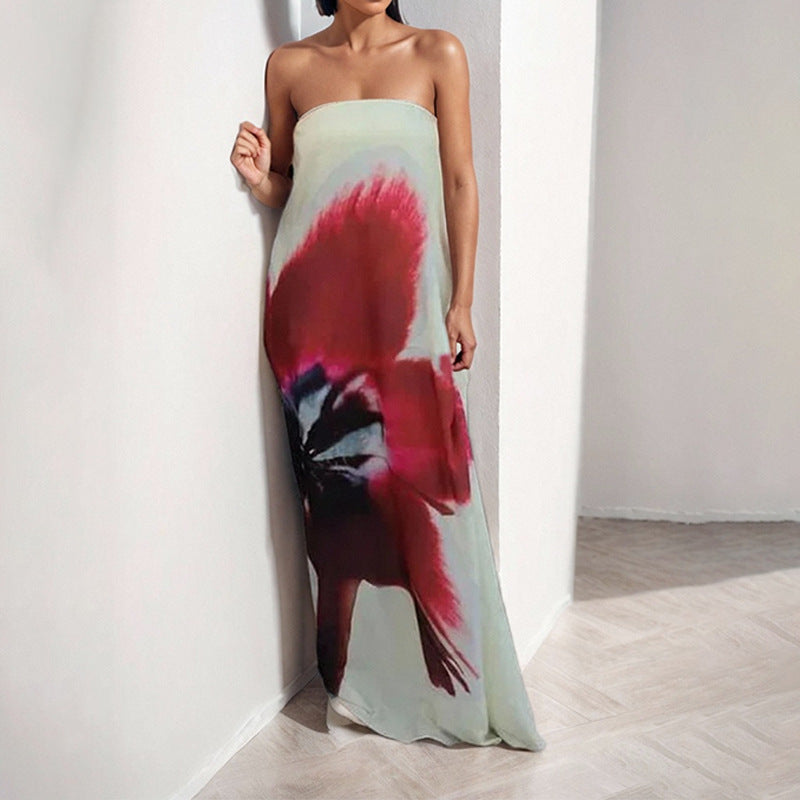 Robe maxi sans bretelles pour femmes avec imprimé floral et tissu fluide Levoire
