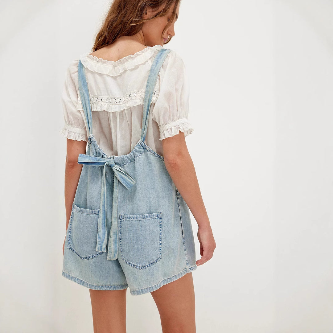 Salopette en denim pour femmes avec encolure froncée et poches latérales Levoire