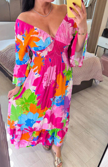 Levoire | Grande Taille Keijun Robe à Col V Fleur Rose foncé