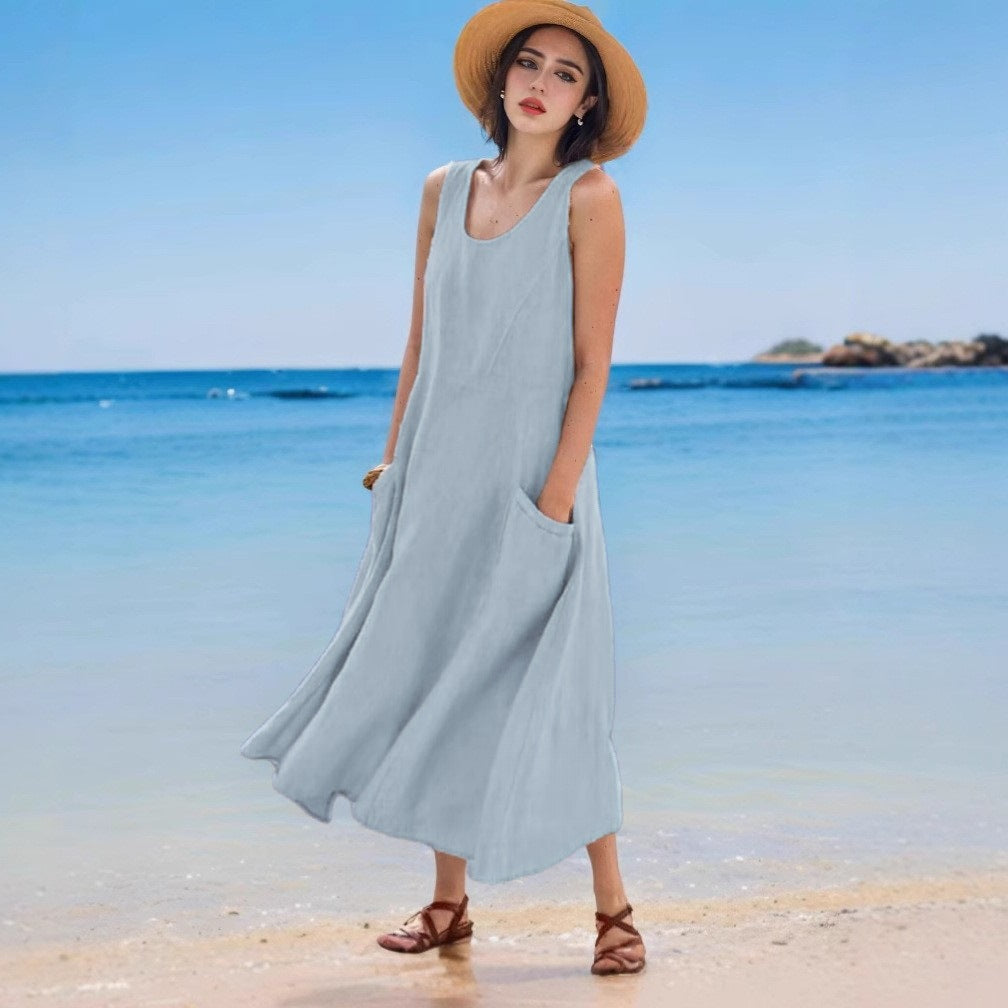 Levoire | Robe en lin Sac d'été Sans manches Col rond Robe Taivaansiniäinen