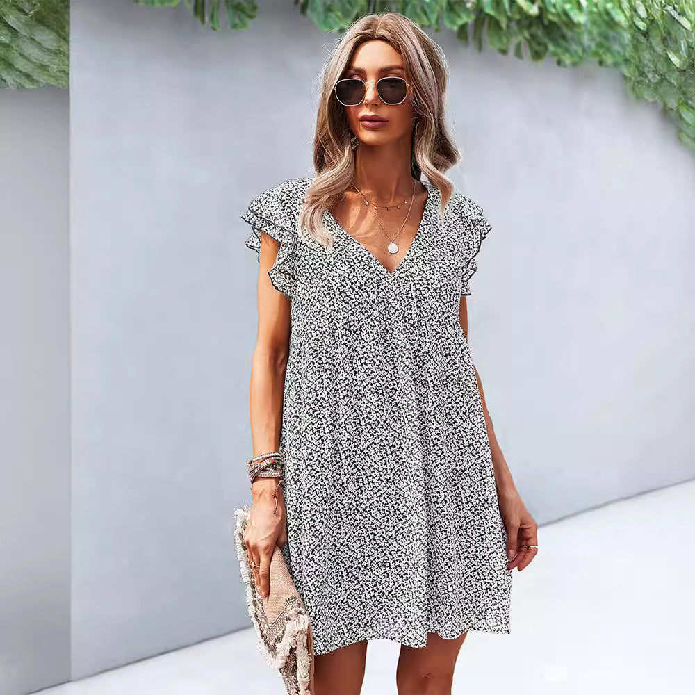 Robe décontractée pour femmes avec manches voluminous à volants et col en V Levoire