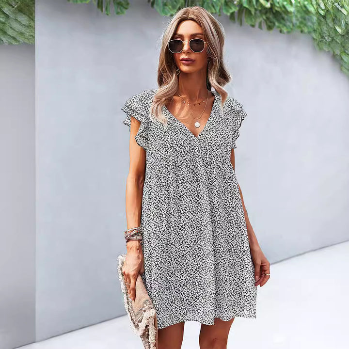 Robe décontractée pour femmes avec manches voluminous à volants et col en V Levoire