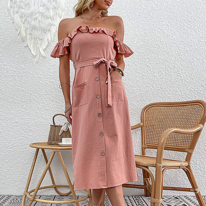 Robe midi à épaules dénudées pour femmes avec détails en volants et ceinture à nouer Levoire