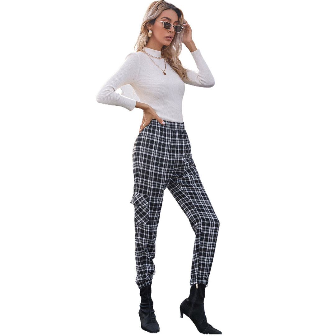 Pantalons à carreaux décontractés pour femmes avec taille élastique et poches latérales pratiques Levoire