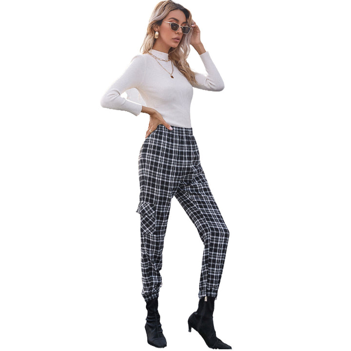 Pantalons à carreaux décontractés pour femmes avec taille élastique et poches latérales pratiques Levoire