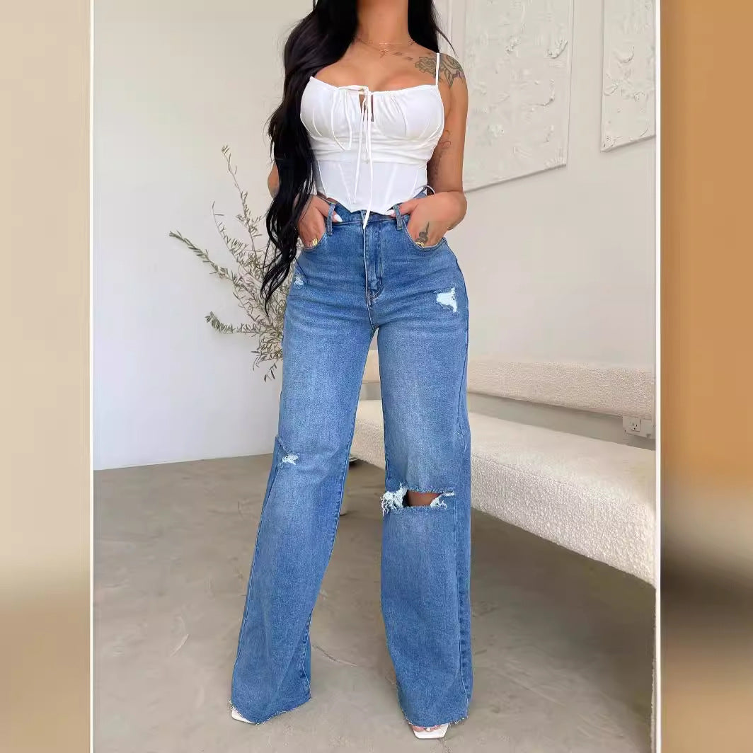 Femmes Jeans Vintage Ample en Style Détérioré avec Taille Haute Levoire