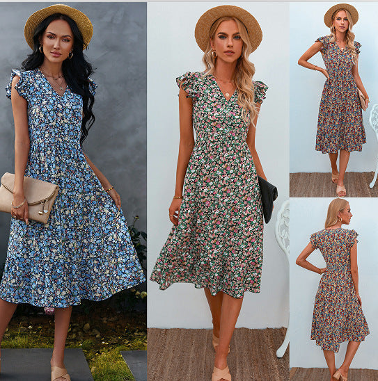 Robe évasée pour femmes avec des manches voluminées à volants et des détails floraux Levoire