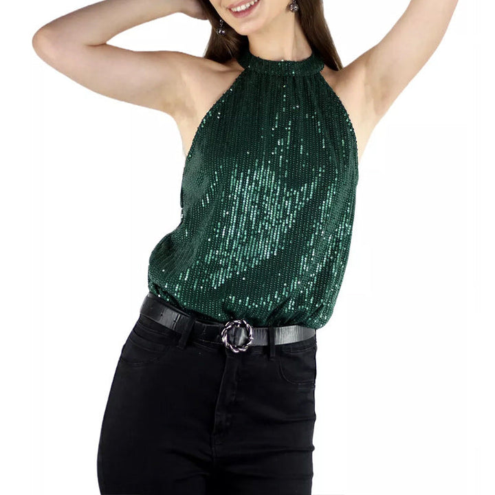 Levoire | Élégant Col rond T-shirt à paillettes continu Vert foncé