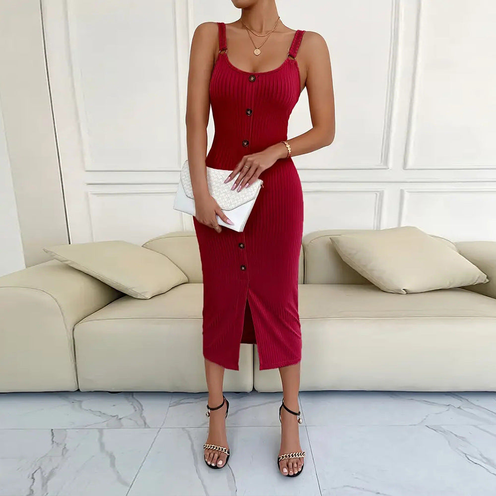 Robe midi pour femmes avec patte de boutonnage et design en maille élastique Levoire