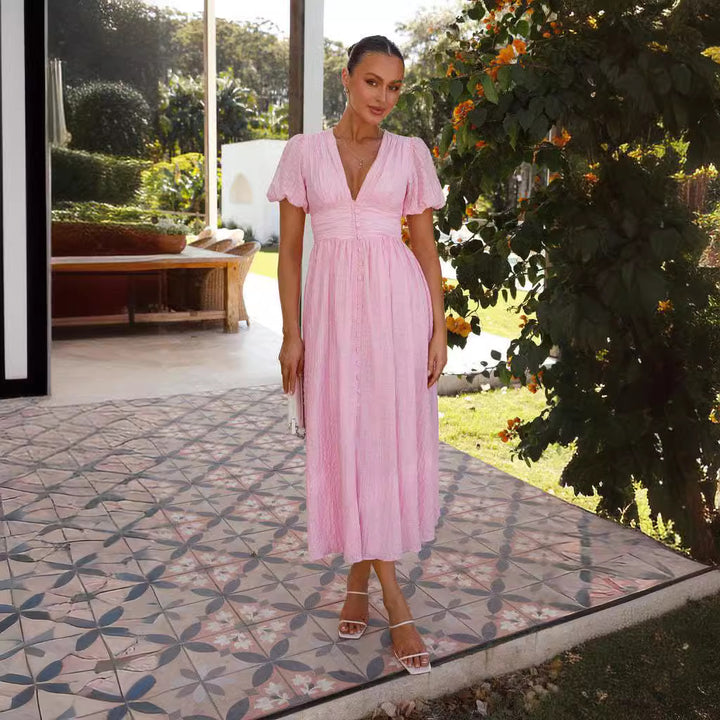 Robe Maxi Femme avec Décolleté en V Romantique et Design de Volants Festifs Levoire