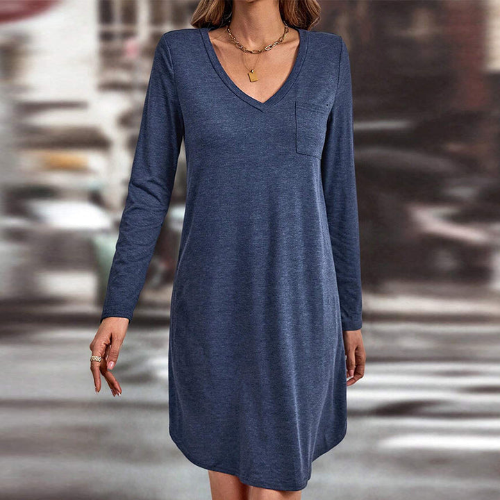 Robe décontractée pour femmes à col en V avec manches longues et poches Levoire