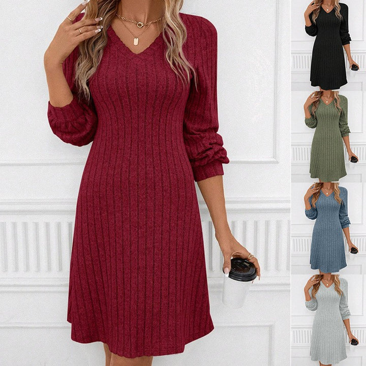 Robe en tricot pour femmes avec décolleté en V et manches bouffantes décontractées Levoire