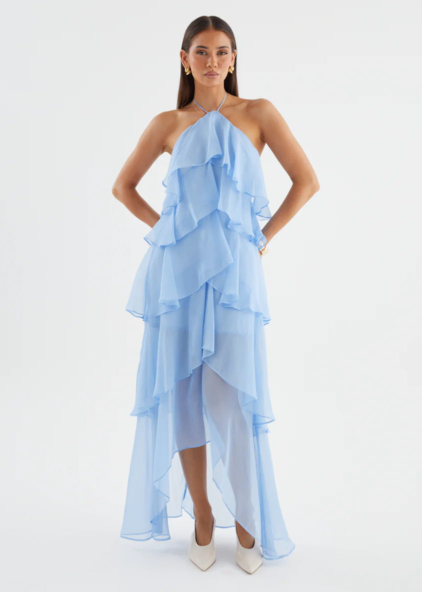 Robe maxi aérienne pour femmes avec volants fluides et col halter chic Levoire