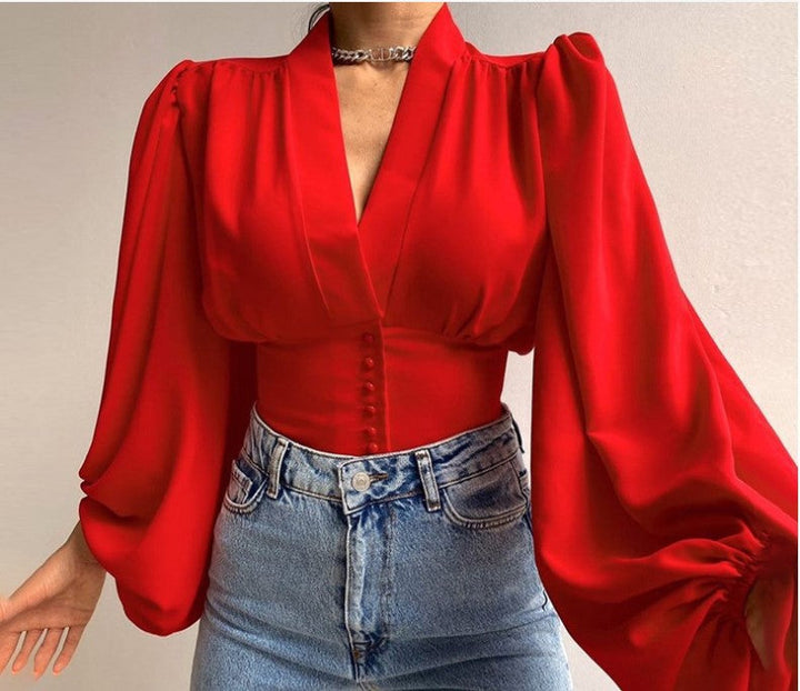 Levoire | Haut à manches bouffantes à décolletage en V romantique Rot