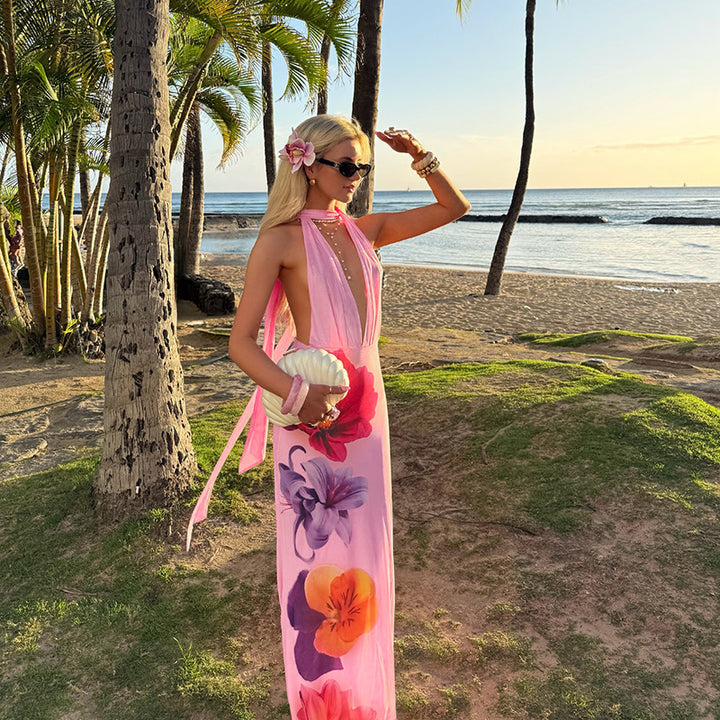 Robe maxi élégante pour femme avec décolleté plongeant et design floral Levoire