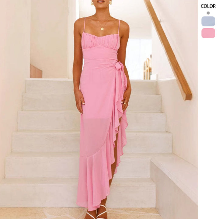 Robe Maxi Élégante pour Femme avec Découpe Asymétrique et Volants Levoire