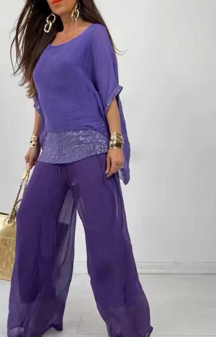Costume de pantalon deux pièces élégant pour femmes avec haut scintillant Levoire