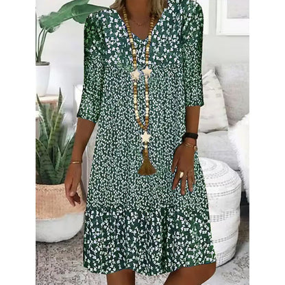 Levoire | Robe midi à col en V avec manches trois quarts à imprimé élégant Vert