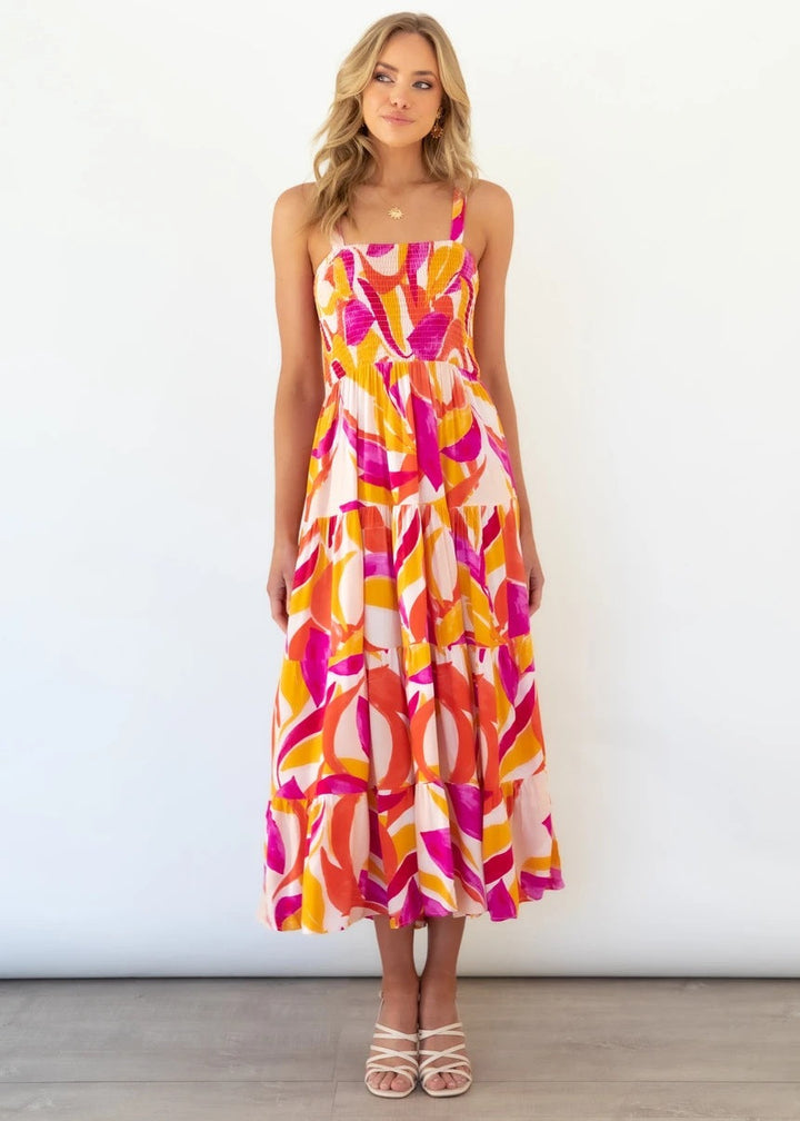 Levoir | Robe longue imprimée sans manches relaxante Magenta Feuilles 1999