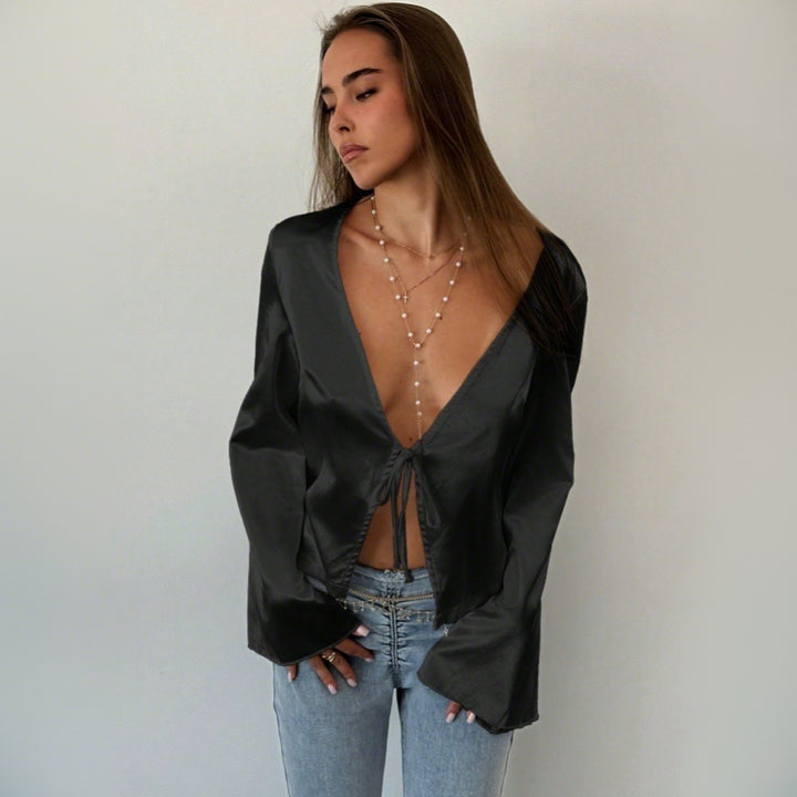 Blouse élégante pour femmes avec un décolleté en V profond et un détail de nœud décontracté Levoire