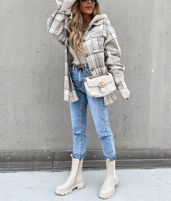 Levoire | Style De Rue Chic Veste À Carreaux Avec Capuche Blanc