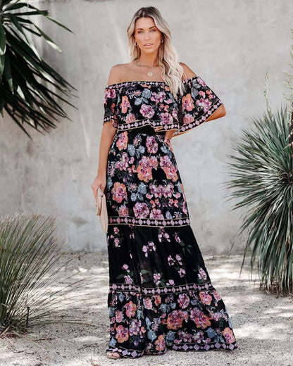 Levoire | Robe maxi fluide élégante imprimée noir