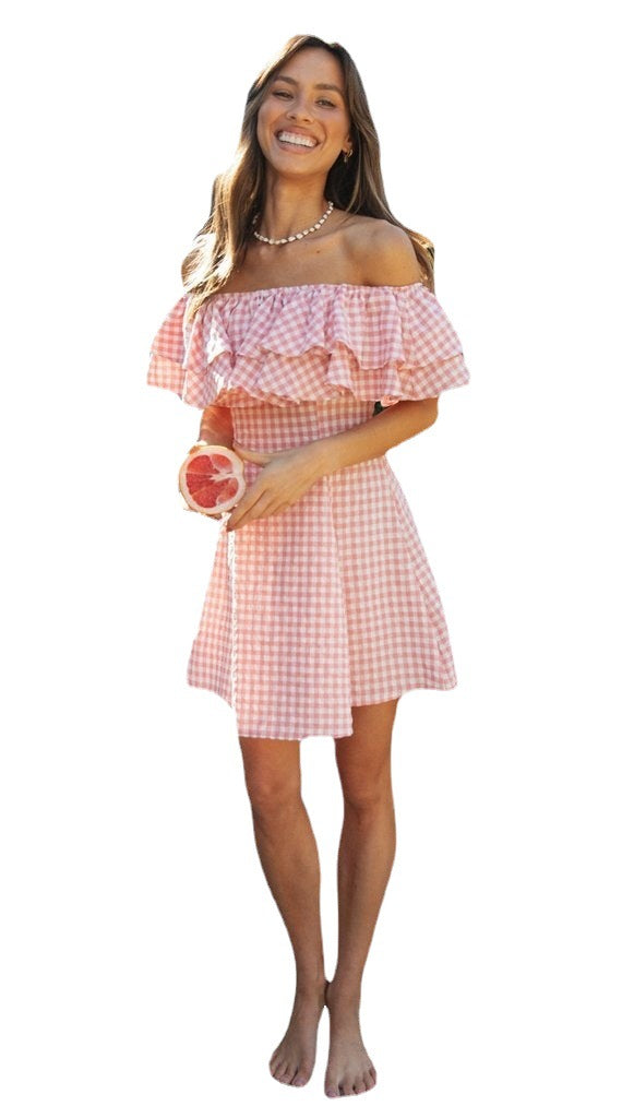 Robe d'été femme à épaules dénudées avec volants et joli motif à carreaux Levoire
