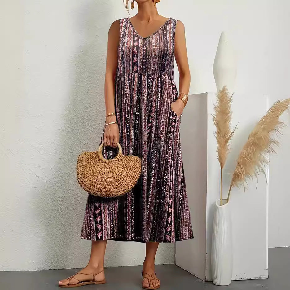 Levoire | Robe d'été imprimée à encolure en V sans bretelles élégante avec poches Marron foncé