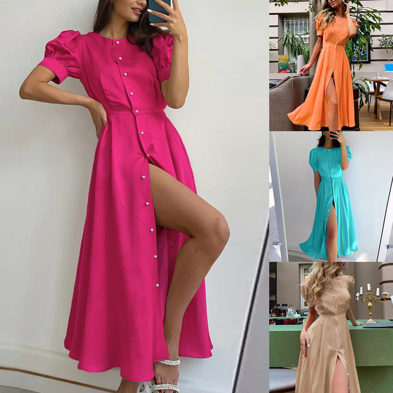 Robe maxi femme avec encolure boutonnée et fente latérale Levoire
