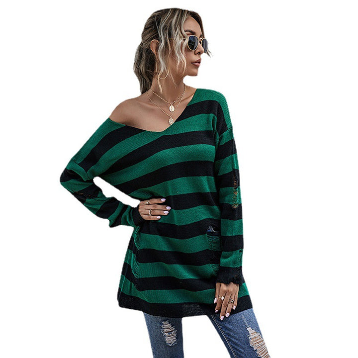 Pull en tricot surdimensionné pour femmes avec décolleté en V profond et motif à rayures tendance Levoire