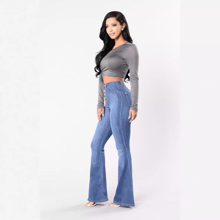 Jeans évasés taille haute pour femmes avec boutons décoratifs Levoire