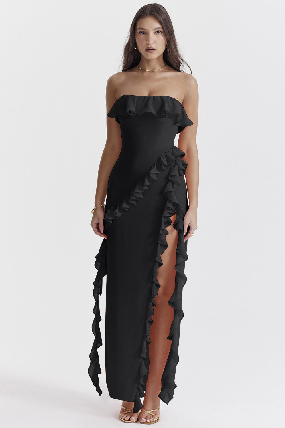 Robe maxi femme à épaules dénudées avec volants et fente Levoire