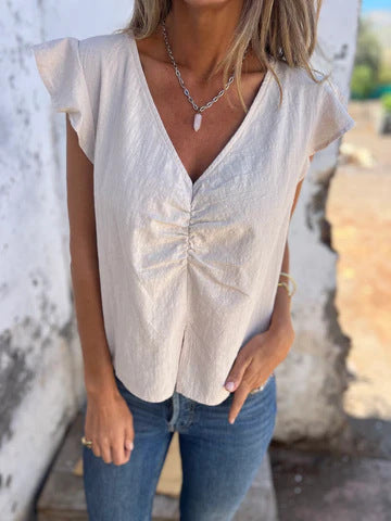 Levoire | Chemise V plissée confortable en coton-lin Off-white