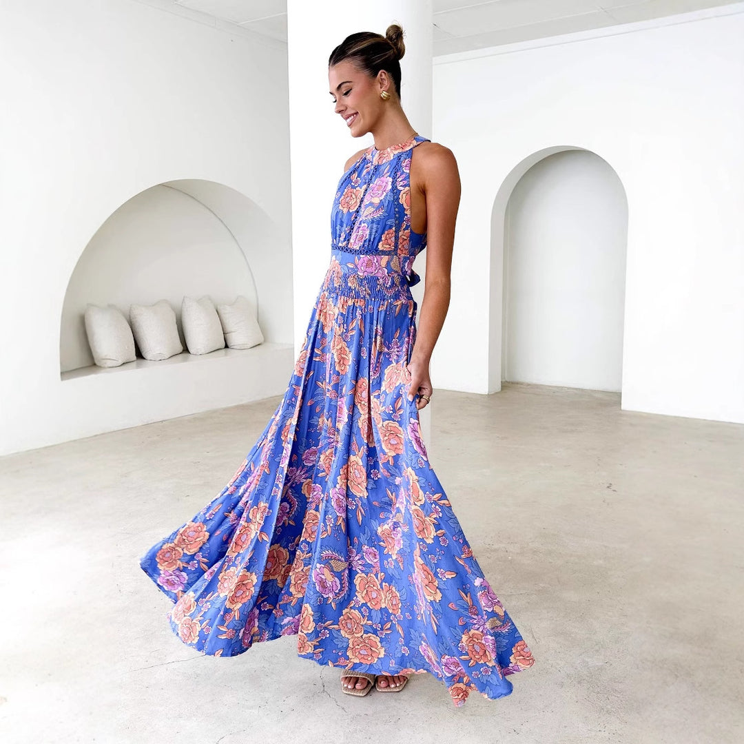 Robe Maxi Élégante pour Femmes avec Accents Floraux et Dos Nue Levoire