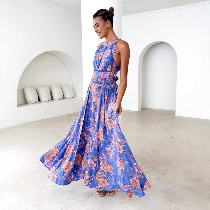 Robe Maxi Élégante pour Femmes avec Accents Floraux et Dos Nue Levoire