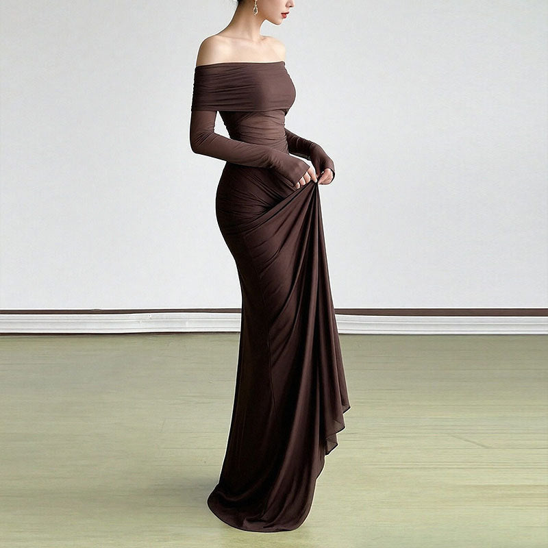 Robe maxi élégante pour femme à épaules découvertes avec détails en volants et manches longues Levoire