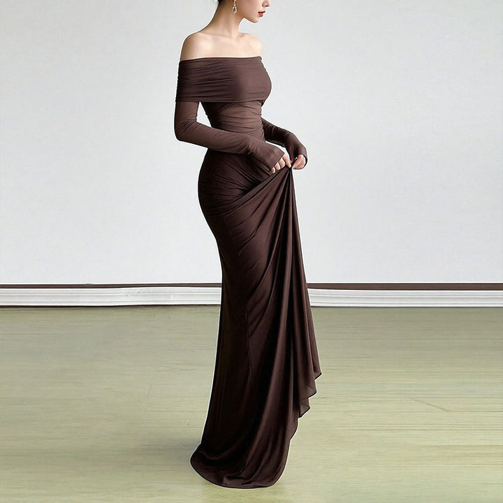 Robe maxi élégante pour femme à épaules découvertes avec détails en volants et manches longues Levoire